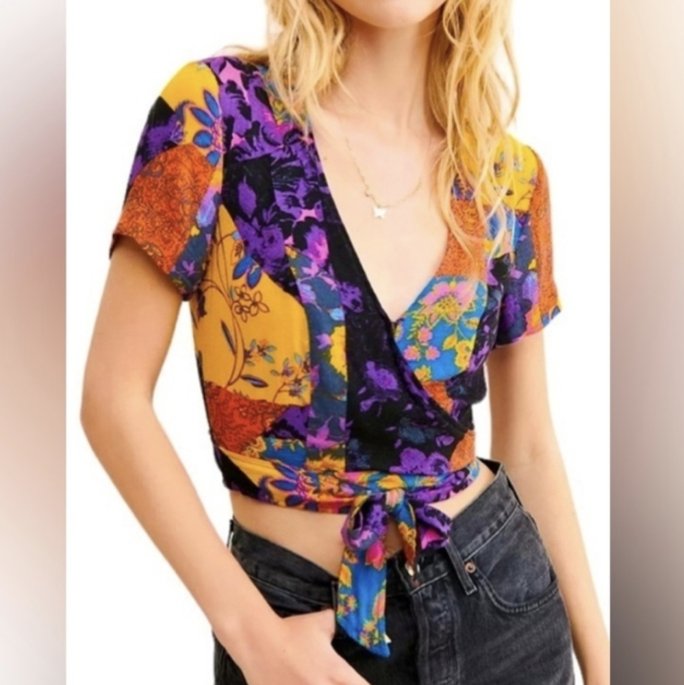 Free People Multicolor Floral Wrap Crop Top